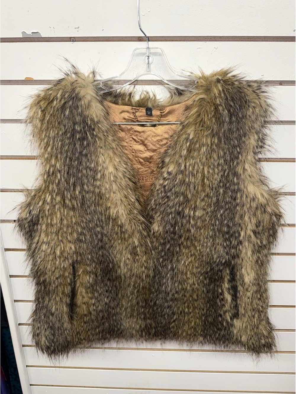 Express Faux Fur Vest Brown Tan Shaggy Open Front Women’s [COPY]